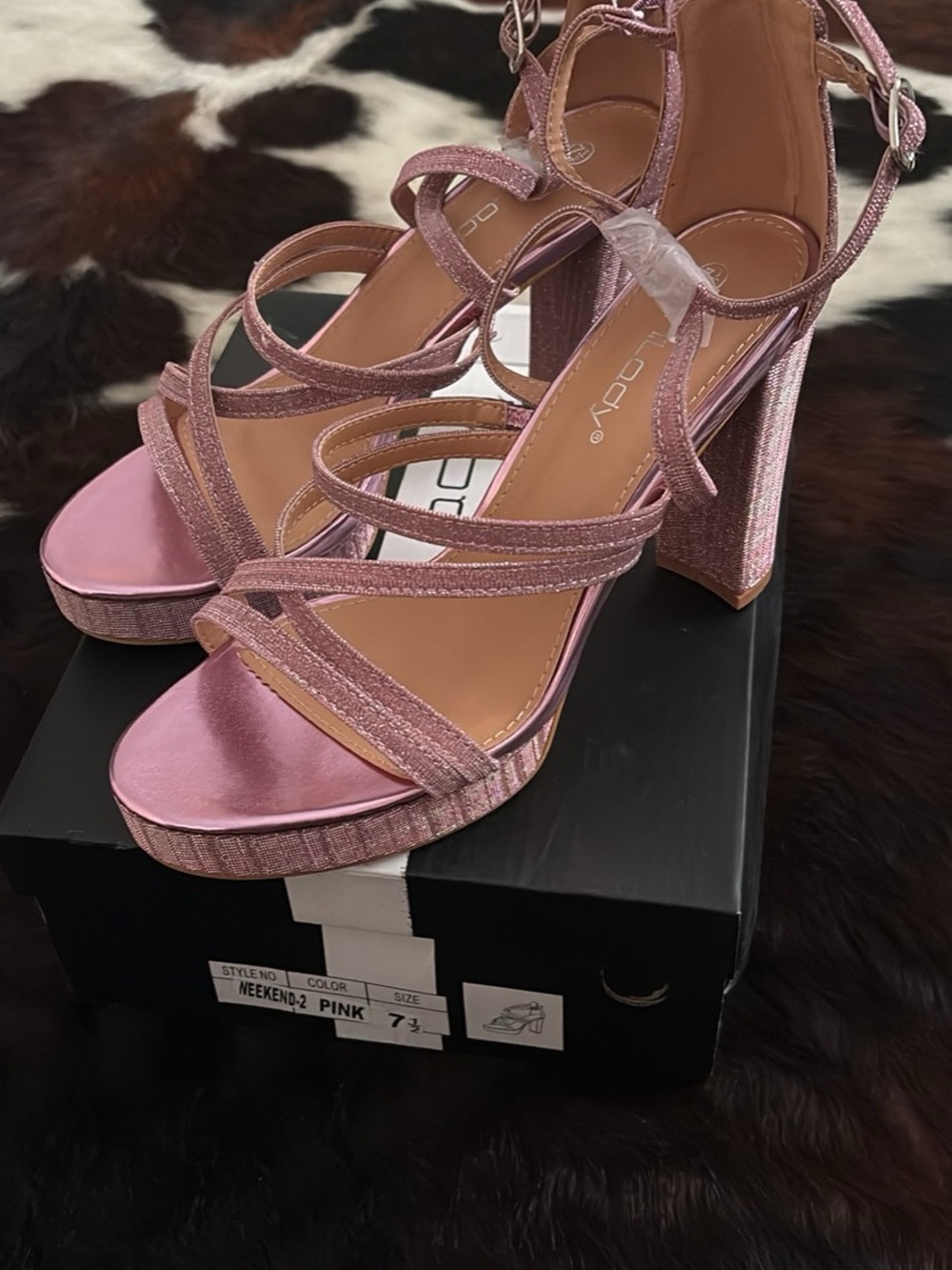 Size 7.5 Pink Glitter Strappy Block Heel Sandals